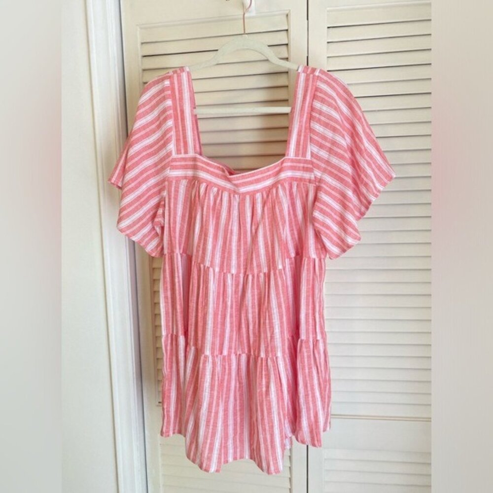 Terra & Sky Women's Square Neck Linen Blend Tunic Top In Coral & White Size 0X